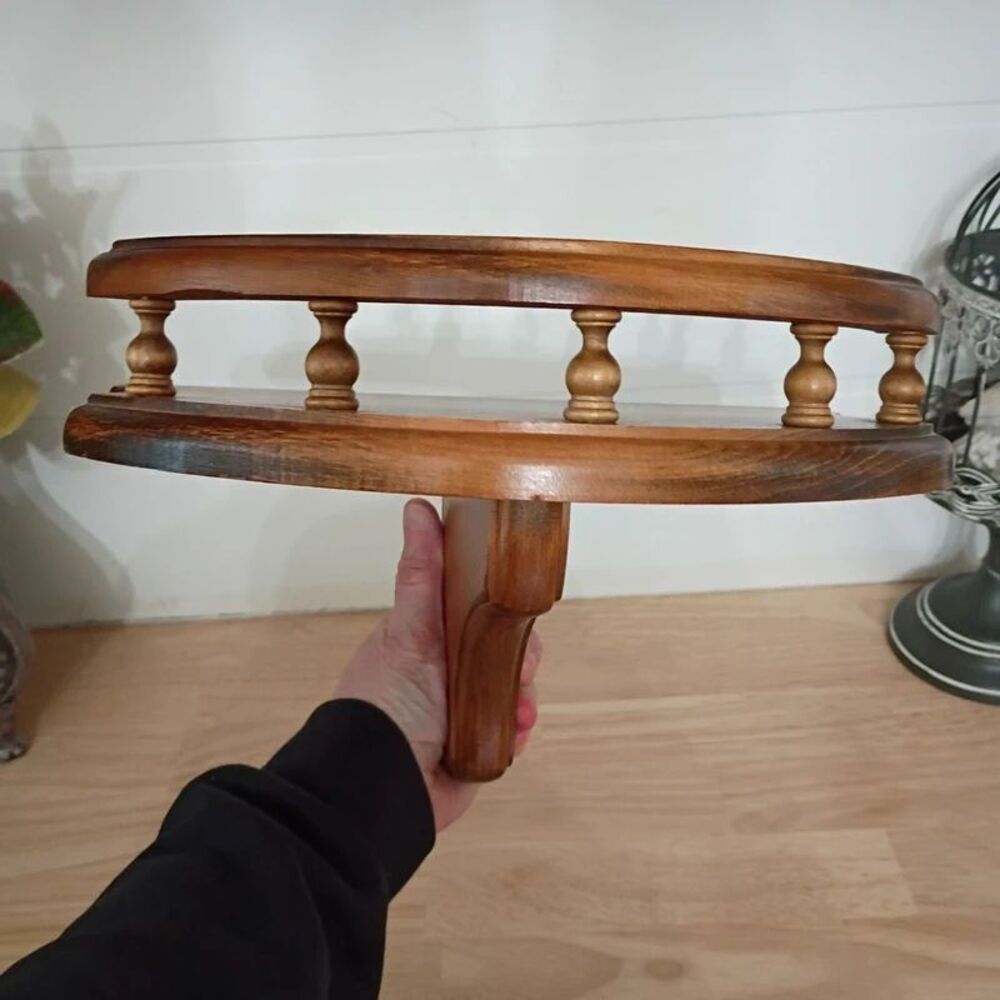 Vintage Half Round Wooden Wall Shelf with Railing Country Cottage Decor